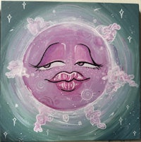 a painting of a pink moon with stars on it