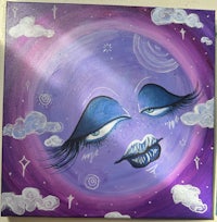 a painting of a purple moon with blue eyes and blue lips